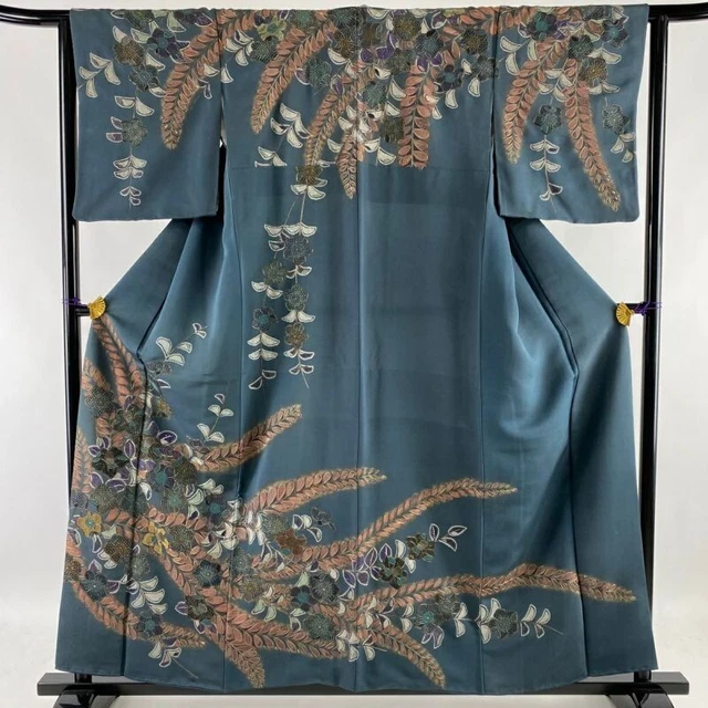 Woman Japanese Kimono Houmongi Silk Camellia Flower Gold Embroidery DarkGreen