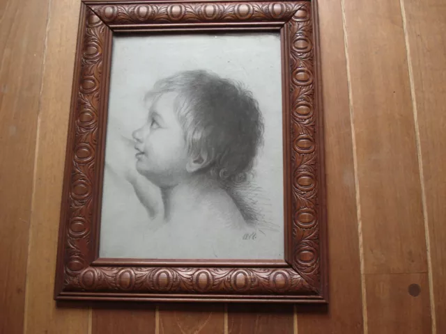 ancien tableau dessin portrait de bébé enfant XIXe dans un tres beau cadre  noir