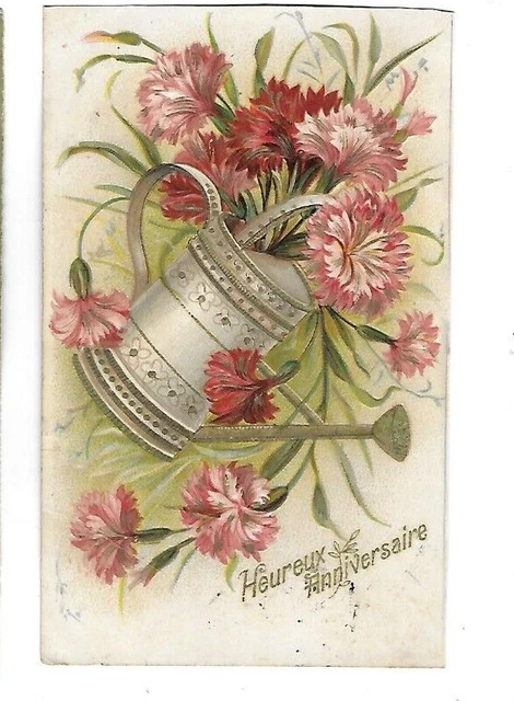 Beautiful CPA Antique Embossed Carnation Watering Can Birthday Postcard