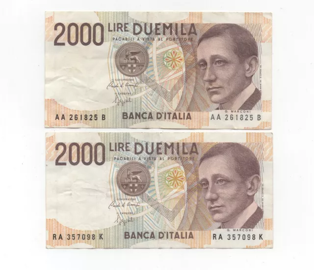 Repubblica Italiana 2 Banconote 2.000 Lire Guglielmo Marconi Mb