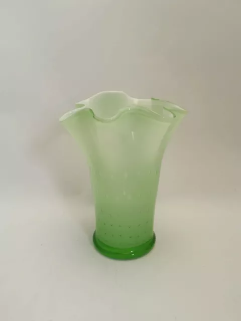 Green Hand Blown Glass Vase 8/5 Inch Tall Ruffled Rim Controlled Bubbles 3