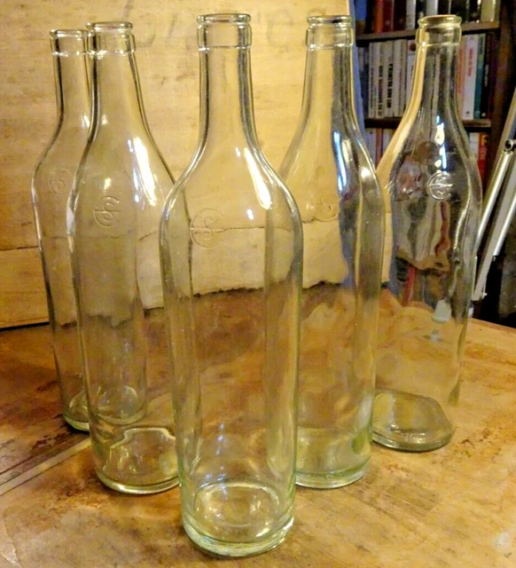 Lot de 5 Anciennes Bouteilles de Vin 1L Verre Transparent