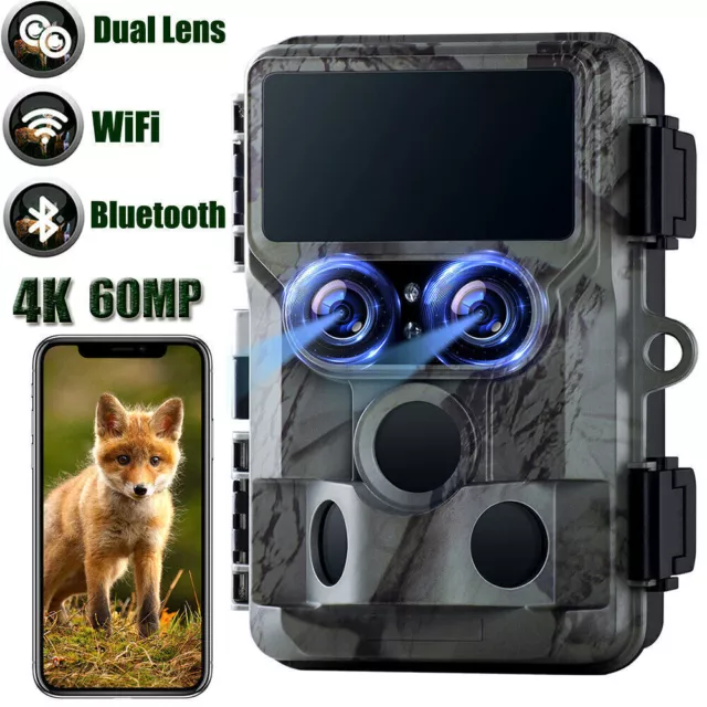4K UHD Duales Objektiv Wildkamera 60MP WLAN Bluetooth Jagdkamera Nachtsicht Akku