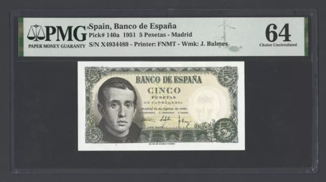 Spain 5 Pesetas 16-8-1951 P140a Uncirculated Grade 64