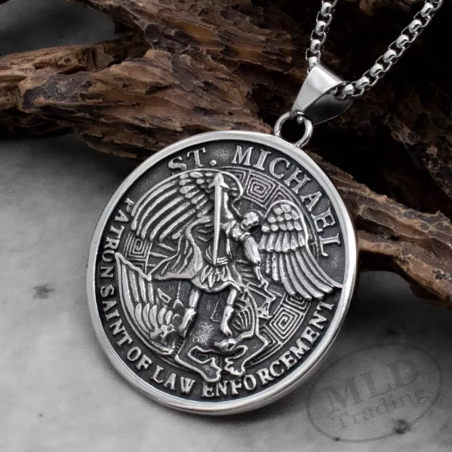 Stainless Steel Patron Saint St Michael Archangel Angel Medal Pendant Necklace