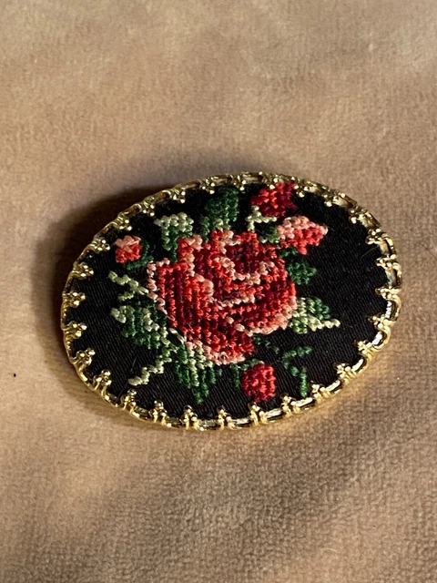 Vintage Gold Tone Petit Point Rose Brooch Pin 1 3/4"