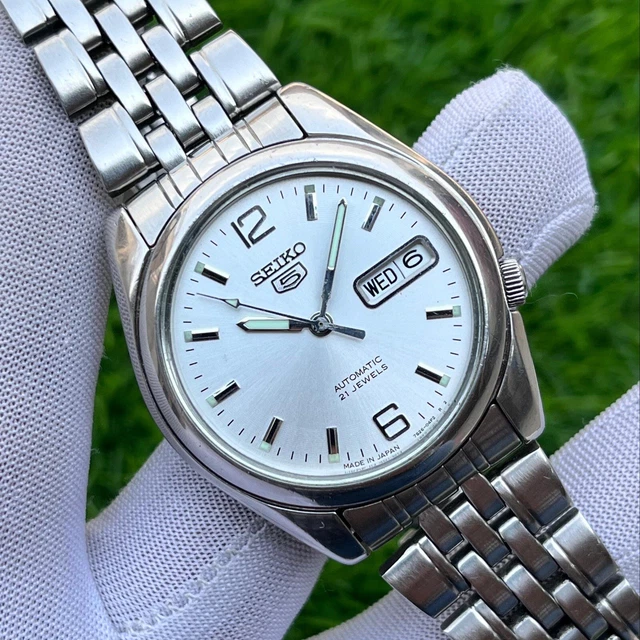 OROLOGIO SEIKO 5 Vintage Automatico Giorno-Data Quadrante Bianco Uomo