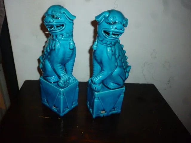 Vintage Pair Chinese Turquoise Porcelain Foo Dogs Statues Stamped, 8 1/4"