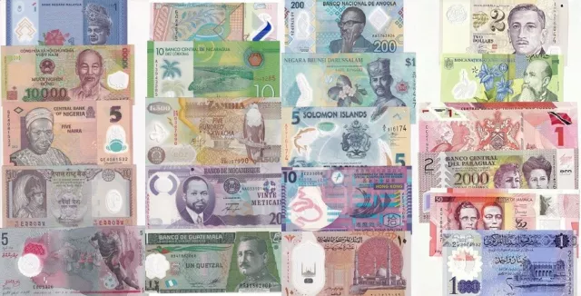 World Polymer Banknotes Set 21 Pcs Lot Different Notes From 21 Countries All UNC