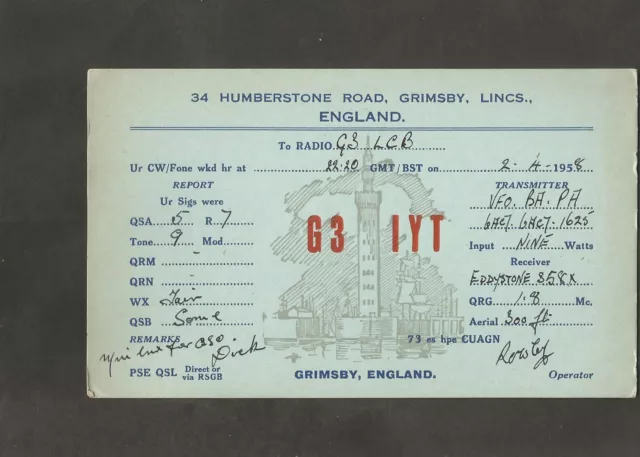 QSL Card  G3IYT Rowley Humberstone Road Grimsby Lincolnshire