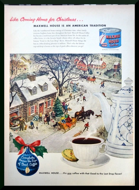 1951 Maxwell House Christmas Village Horse & Sleigh Coffee Vintage Print Ad