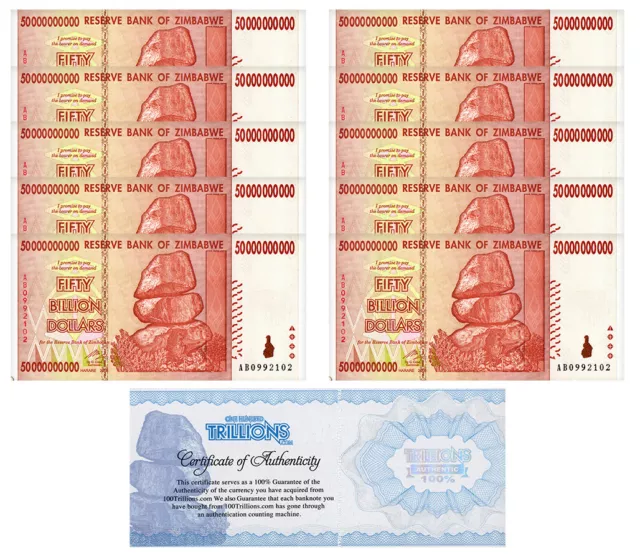 10 x Zimbabwe 50 Billion Dollar banknotes 2008/circulated bundle CoA  Authentic