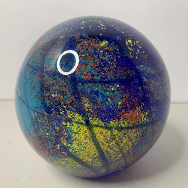 Art Glass Paperweight Blue Yellow Red Globe Look with Bubbles