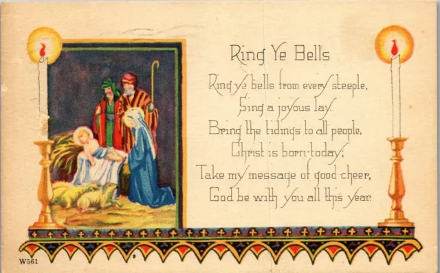 Vintage Christmas Postcard Ring Ye Bells Nativity Scene Religious 1926