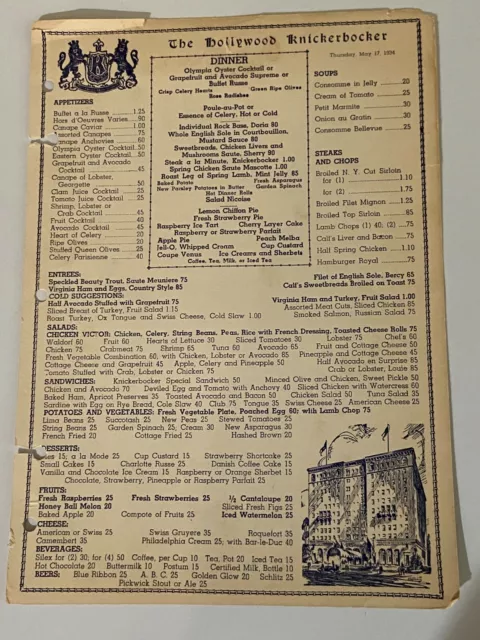 Original 1934 Hollywood Knickerbocker Dinner Menu