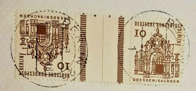 2 Briefmarken 10 Pfennig, Dresden Sachsen Deutsche Bundespost Berlin, gestempelt