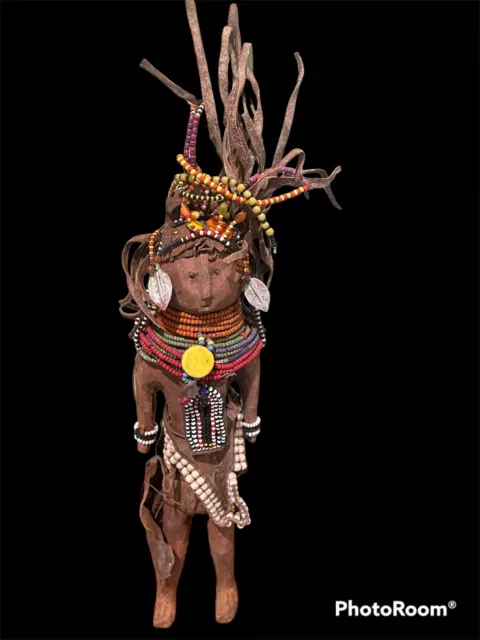 12” Vintage Turkana African Doll Hand Carved Tribal Folk Art Wooden Figure Beads