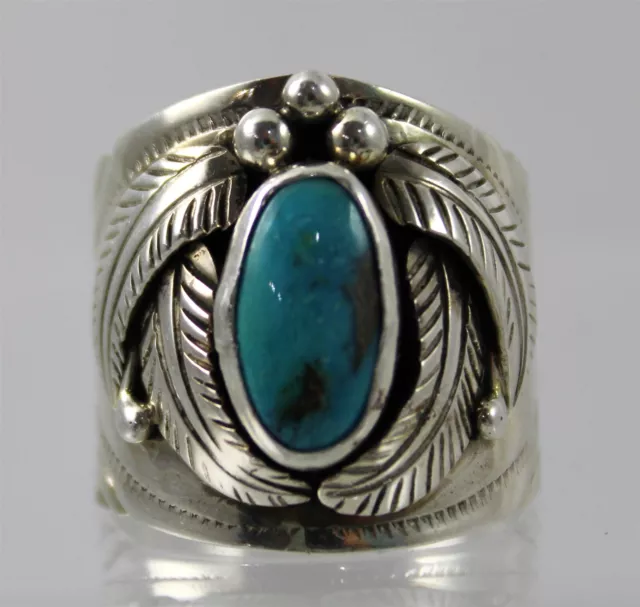 J. Abeyta Navajo Sterling Silver Turquoise w/ Feather Detail Ring Size 10.5