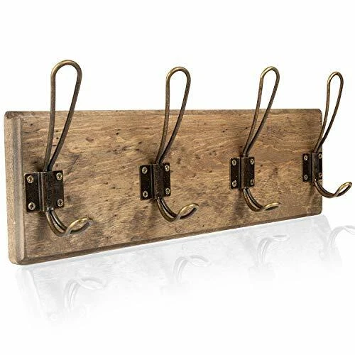 Wall Mounted Coat Rack - Rustic Wooden 4 Hook Coat Hanger Rail, Distressed Wood