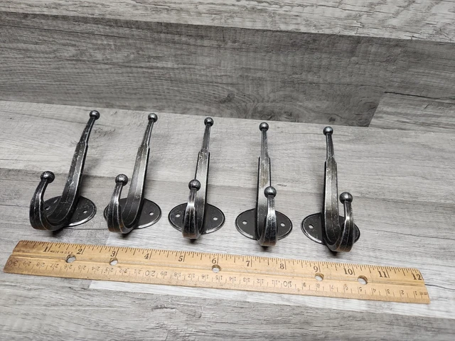 Set of 5 Large Metal 4-3/4" Double Coat, Hat, Hall Tree Hooks Wall Mount