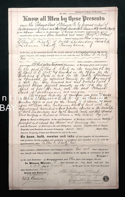 1907 antique PALMYRA BANK BOND MORTGAGE ASSIGNMENT ellen lentz LEBANON COUNTY PA