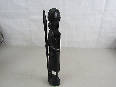 Hand Carved Wood African Woman & Spear Tribal Folk Art Sculpture 13 5/8" Tall