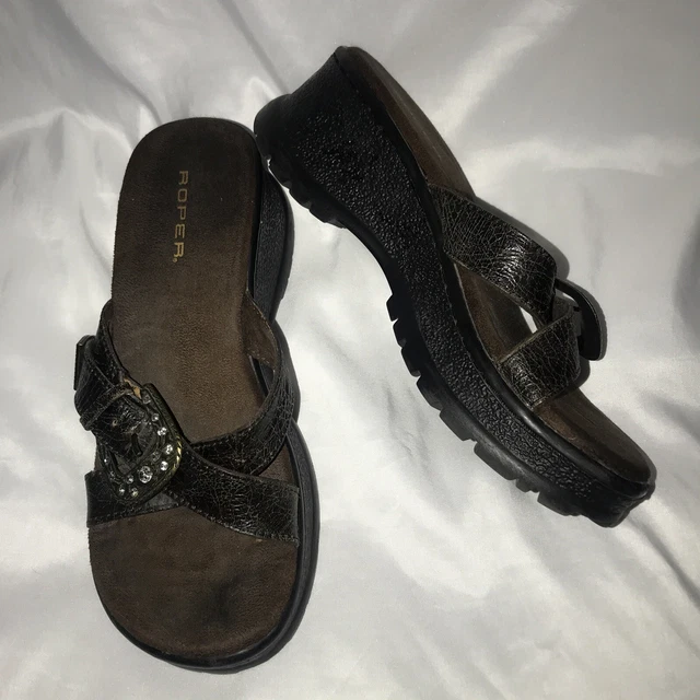 Roper Buckle Strap Slide Chunky Wedge Platform Brown Sandals Womens Size 9
