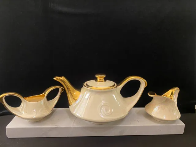 VTG Pearl China Co. Teapot Creamer Sugar Set Hand Decorated 22KT Gold, USA