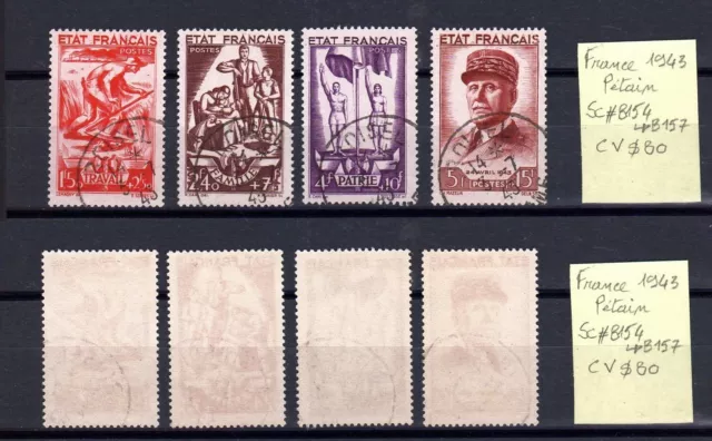 B367-FRANCE 1943 Pétain SC#B154 -  B157 Y&T#577-  580 CV$80 Used stamps RARE