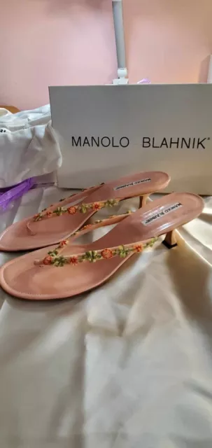 Manolo Blahnik Pink Floral Strap Sandals Size 41 Kitten Heels New