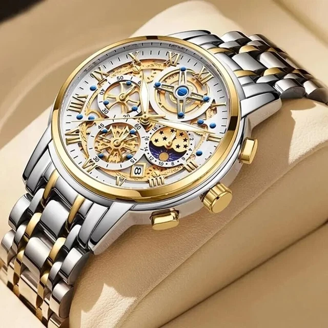 Montre Homme OLEVS Quartz Classique - Boîtier Carré Doré - Bracelet Cuir Marron - étanche 30m