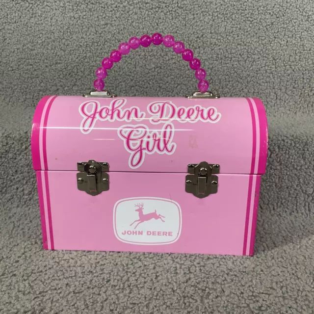 Pink Licensed "JOHN DEERE GIRL" Tin Lunch Box 10"x4.5"x7" Rare GREAT SHAPE!!