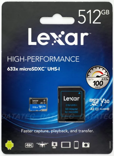 Lexar 512GB High-Performance micro SD SDXC 633x UHS-I Card A2 U3 V30 100MB/s