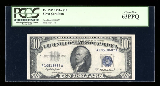 DBR 1953-A $10 Silver Fr. 1707 PCGS 63 PPQ Serial A10518687A