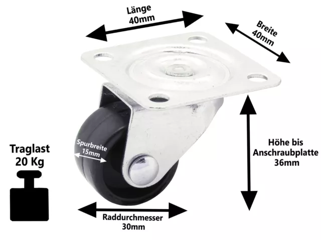 4 x Kunststoff Möbel Lenkrolle Ø 30 mm Mini Parkett Laminat Lauf Rollen 20 KG