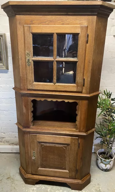Antique blonde oak lockable corner cabinet display country house cupboard shelve