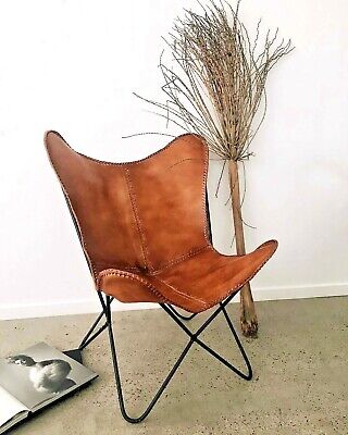 Handmade Vintage Leather Butterfly Chair Powder Coated Iron Folding Stand BKF