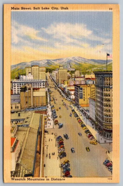 Main Street View Salt Lake City Wasatch Mountains Utah Vintage Linen Postcard H1