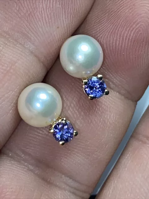 14k Pierced Earrings 8mm Akoya Pearl 1/2ctw Tanzanite Japanese Salt Water Unused