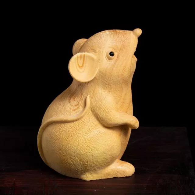 Hand Carved Wooden Mouse Statue Figurine Art Sculpture Ornaments Children Gift 3