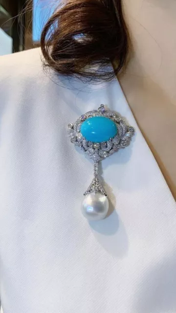 Exquisite turquoise and diamond brooch with drop pearl 925 silver office wear