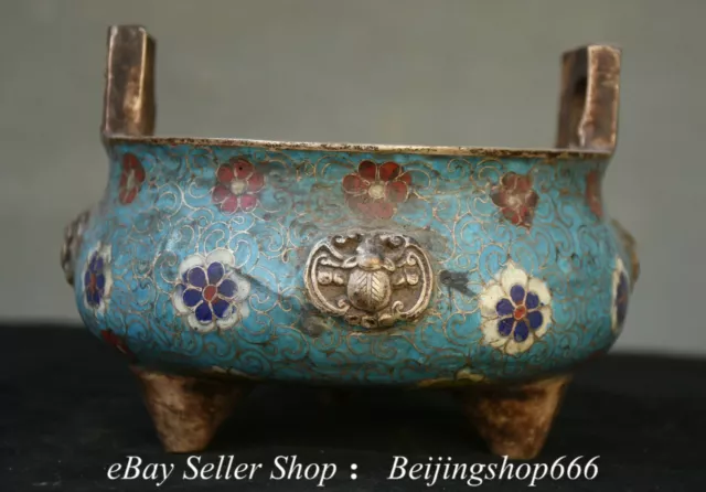 6 " Marked Old Chinese Silver Cloisonne Dynasty 3 Leg incense burner Censer