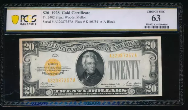 AC Fr 2402 1928 $20 Gold Certificate PCGS 63 comment