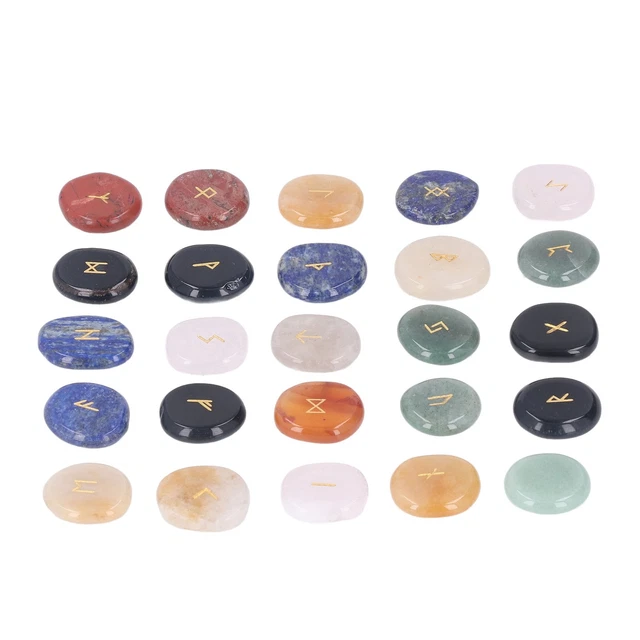 THREE EYE STORE Natural Gemstone Runes Set Polished Stone Engraved