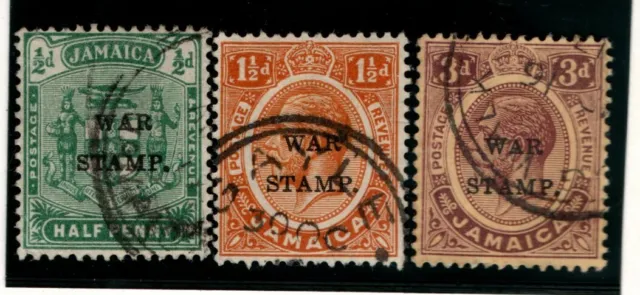 Jamaica 1916 War Stamp  ½d  green, 1½d orange, 3d purple SG70-72 Used