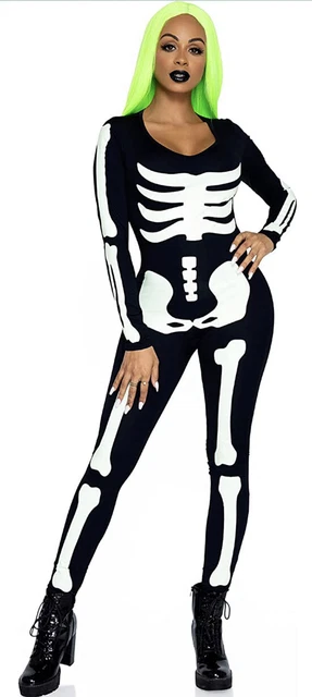 Women Halloween Costume Jumpsuit Skeleton Bodysuit Sexy Party Glow in Dark XL