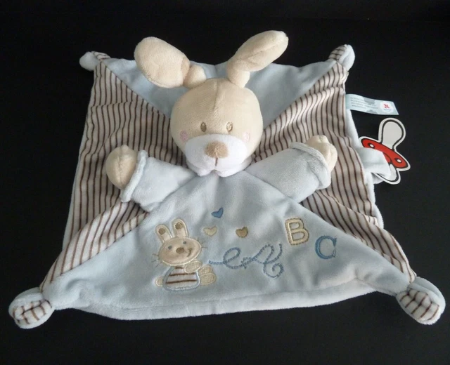 35. DOUDOU PLAT NICOTOY SIMBA LAPIN bleu rayé marron beige coeur ABC - NEUF