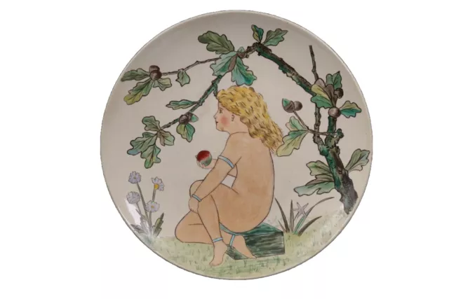 Arts Crafts Minton Nude Pottery Plate Girl Apple and Acorn Tree Circa 1877