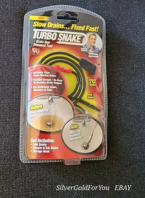 New Turbo Snake 2pc Flexible Drain Opener No Chemicals Sink Clog Remover