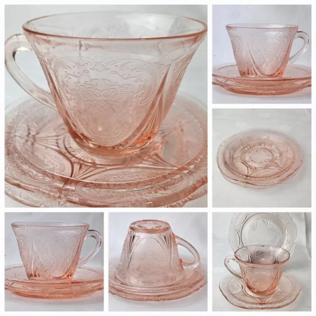 Vintage 1930s Pink  Depression Glass  Tea Cup & Saucer & Plate VGC